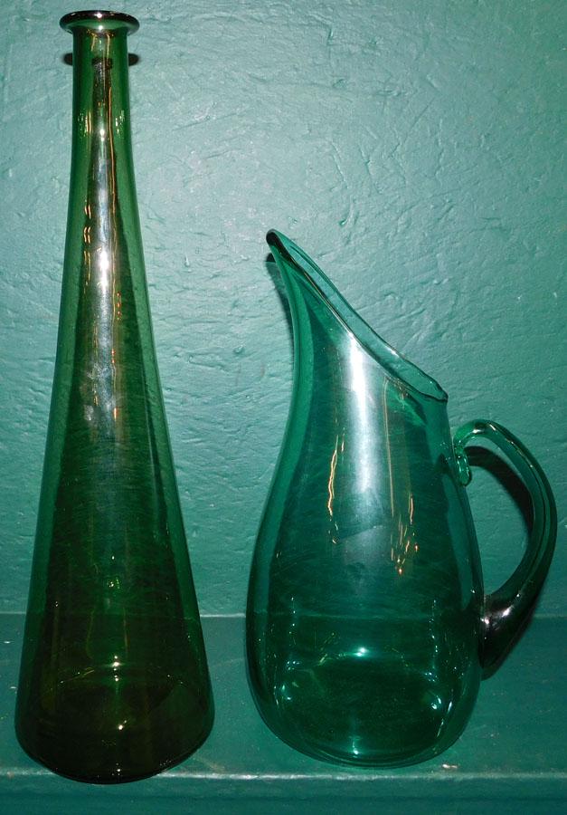 Green Glass Bottle & Glass Colored Pitcher (1 of 3)