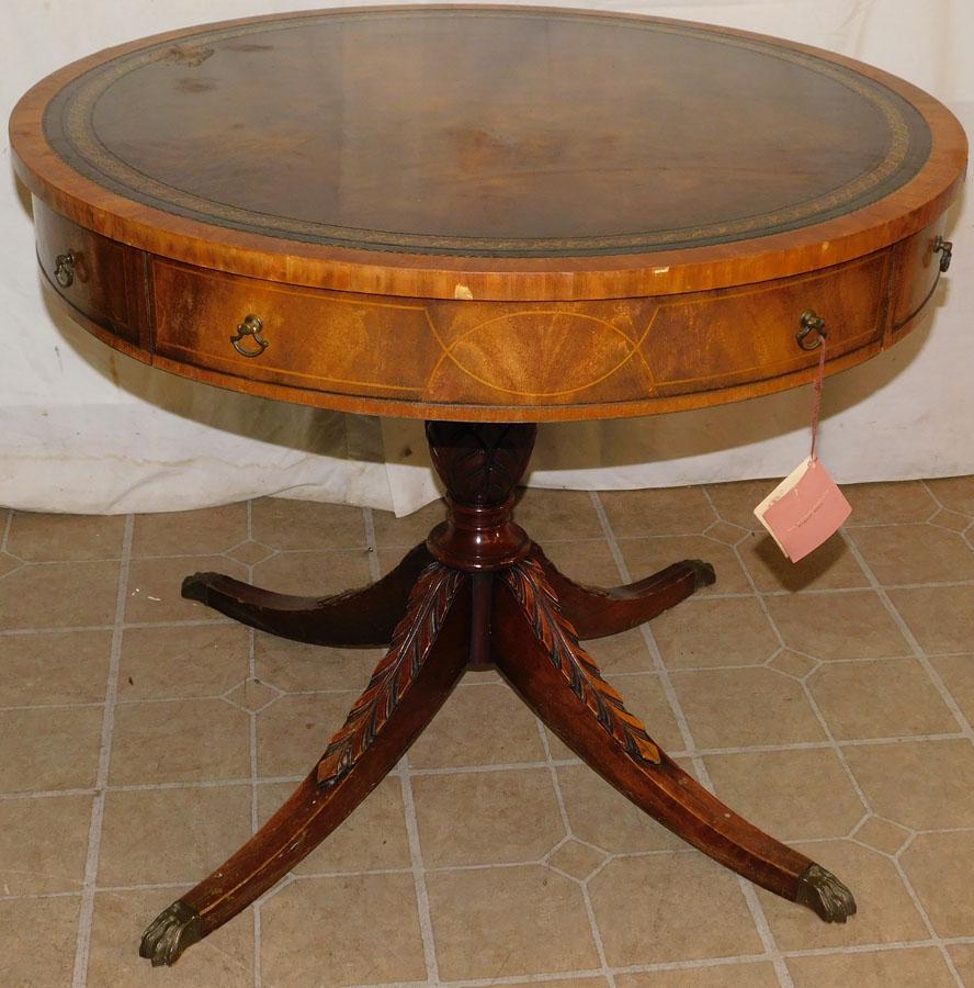 Mah Inlaid Drum Table w Tooled Leather Top by Weiman (1 of 5)