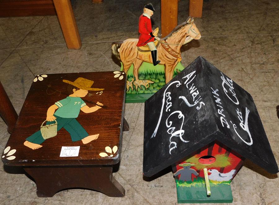 Paint Decorated Coca Cola Bird House, Stool, & Jockey: Paint Decorated Coca Cola Bird House, Stool, & Jockey Door Stop. Up to 11" W 10" D 8 1/4" H