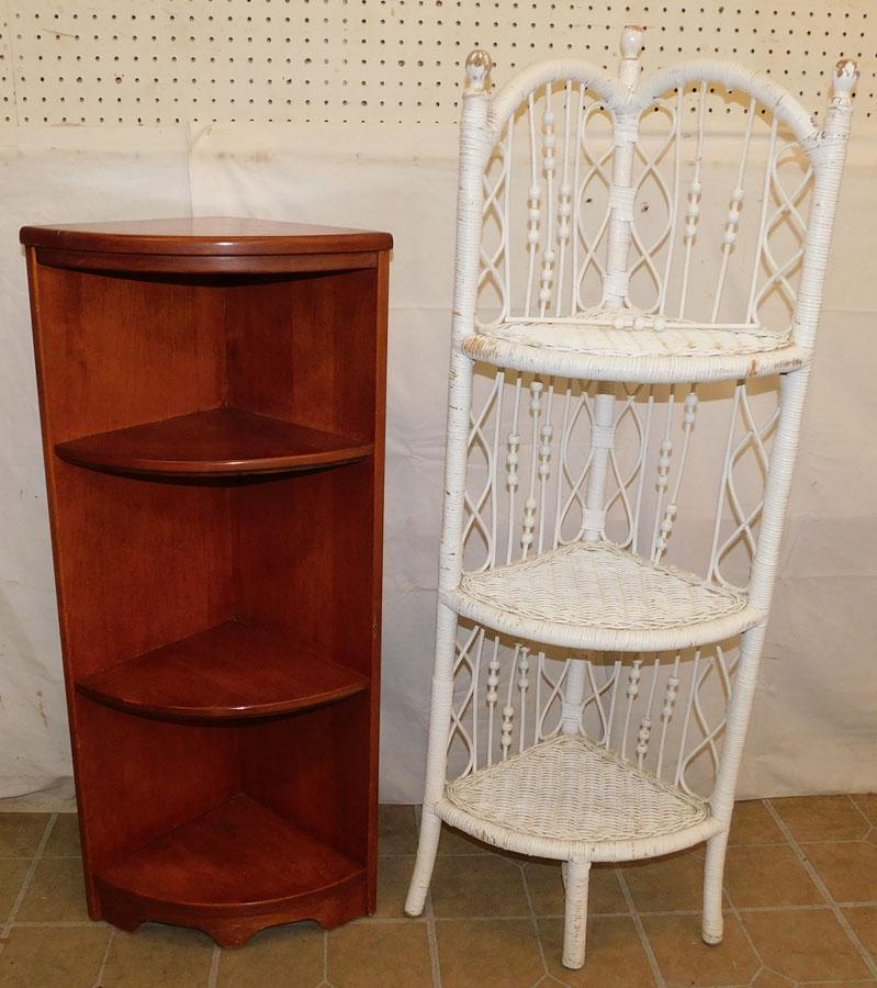 Maple Bowfront Corner Shelf & Wicker Corner Shelf (1 of 3)
