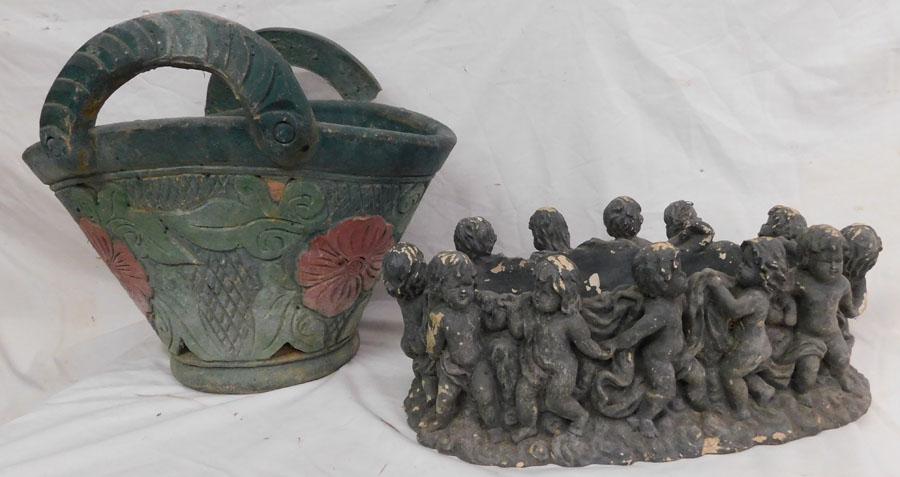 Resin Cupid Jardiniere & Pottery Basket Form Jardiniere (1 of 4)