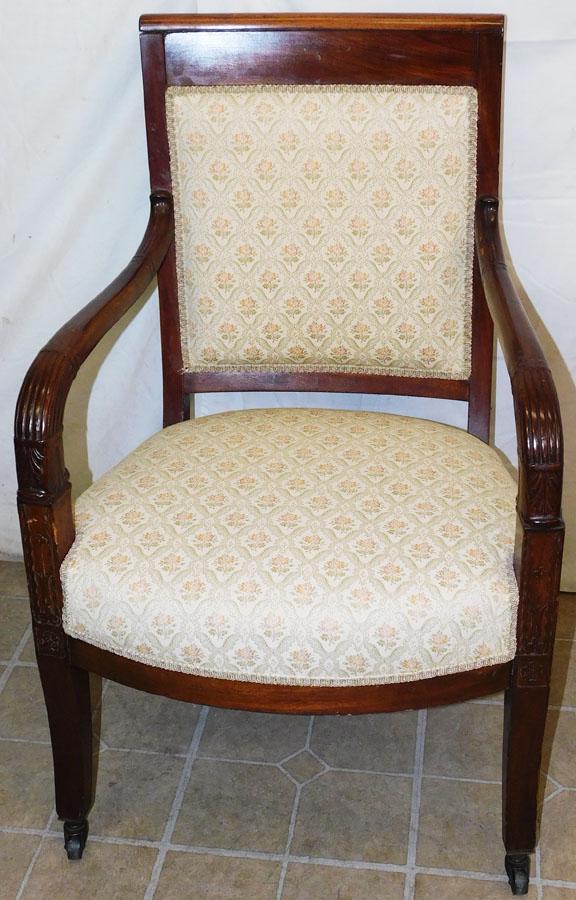 Antique Mahogany Upholstered Arm Chair: Antique Mahogany Upholstered Arm Chair. 34" H