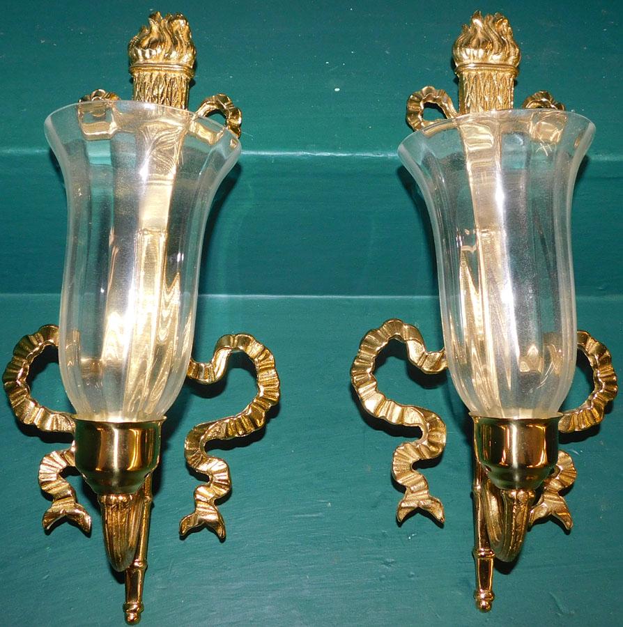 Pair of Brass Sconces with Glass Shades (1 of 3)