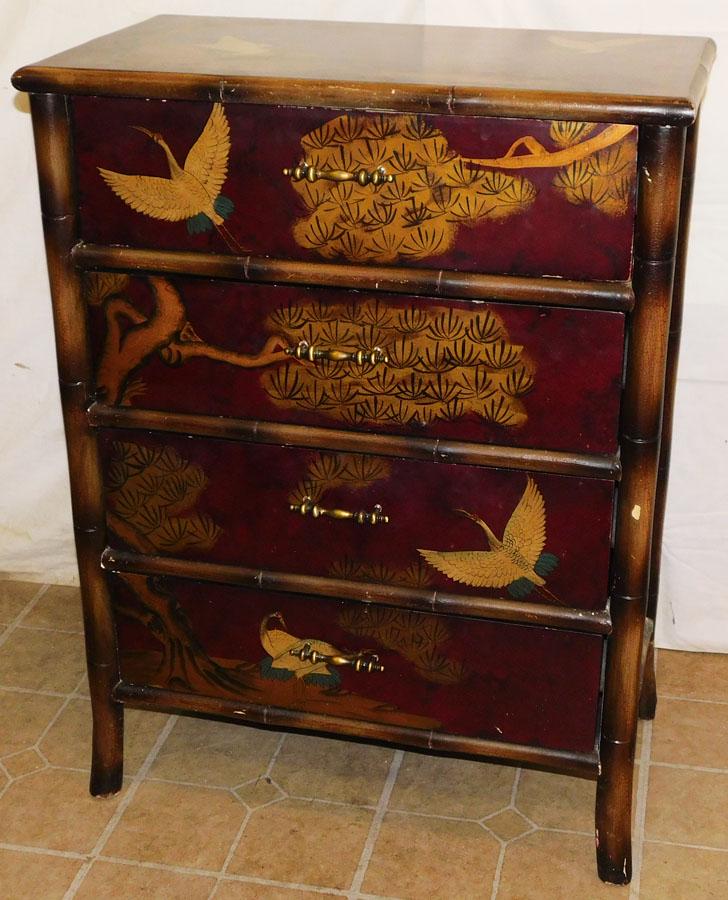 Oriental Paint Decorated 4 Dr Chest with Bamboo Motif (1 of 6)
