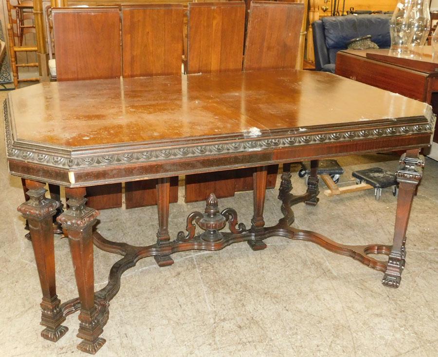 Carved Walnut Stretcher Base Dining Table w 1 Leaf, (As (1 of 4)