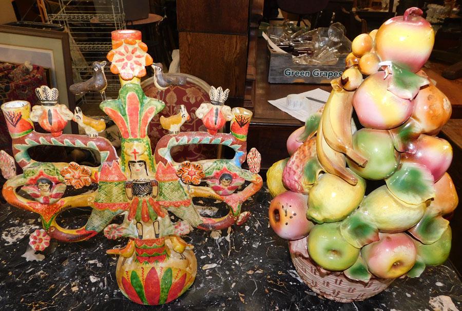 Capodimonte Fruit Centerpiece (Chips) & Pottery: Capodimonte Fruit Arrangement Centerpiece (Chips) & Pottery Candelabra. 18" H