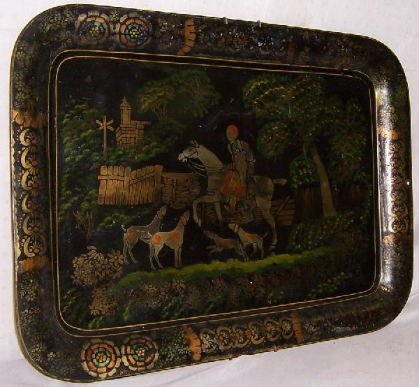 Paint decorated Tole tray with fox hunting scene.: Paint decorated Tole tray with fox hunting scene. 28" x 20 1/2".
