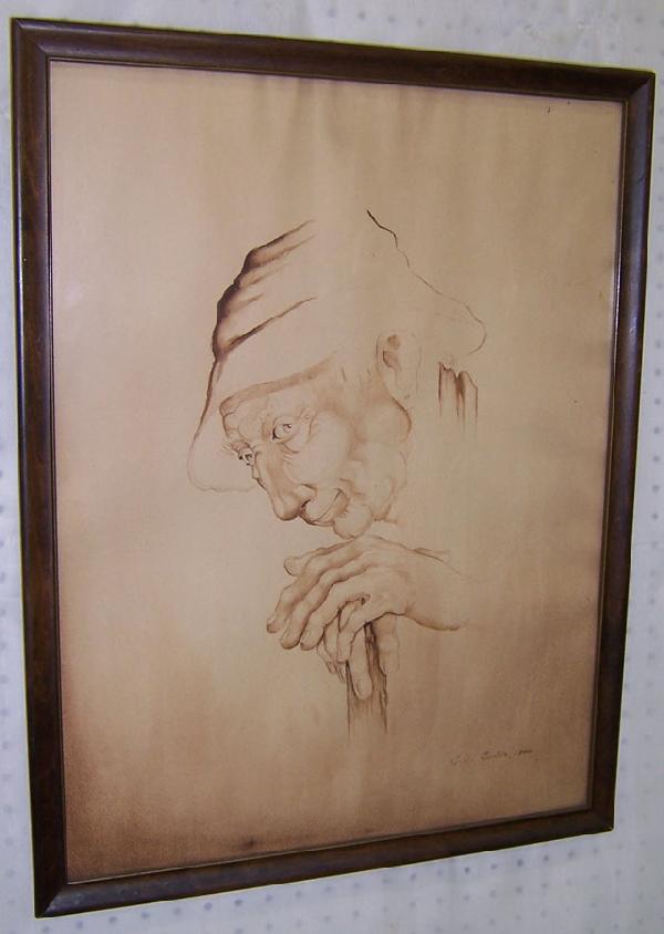 Signed watercolor by C.S. Carter. Dated 1955.: Signed watercolor by C.S. Carter. Dated 1955. Old man with cane. 19 1/2" x 25 1/2".