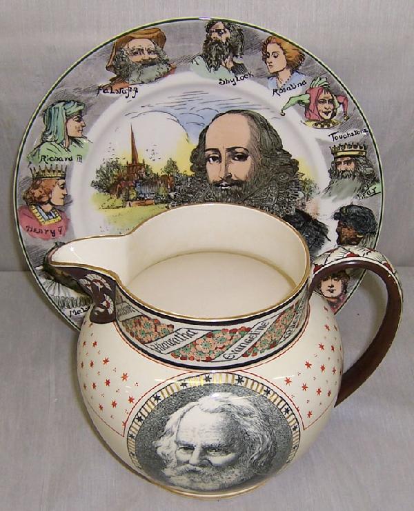 Royal Doulton plate and Wedgwood pitcher: Royal Doulton plate of Shakespeare and Wedgwood pitcher of Longfellow made for Richard Briggs, Boston.