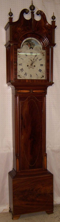 New Jersey mah inlaid painted face tall case clock: Late 18th century New Jersey mahogany inlaid painted face tall case clock with moon dial. Attributed to Matthew Edgerton, New Brunswick, NJ. 8' 5". Works attributed to Isaac Brokaw.