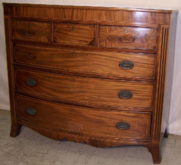 19th c Hepplewhite 3/3 inlaid bow front chest: 19th century period Hepplewhite 3/3 inlaid bow front chest. 48" wide x 22" deep x 41 3/4" tall.