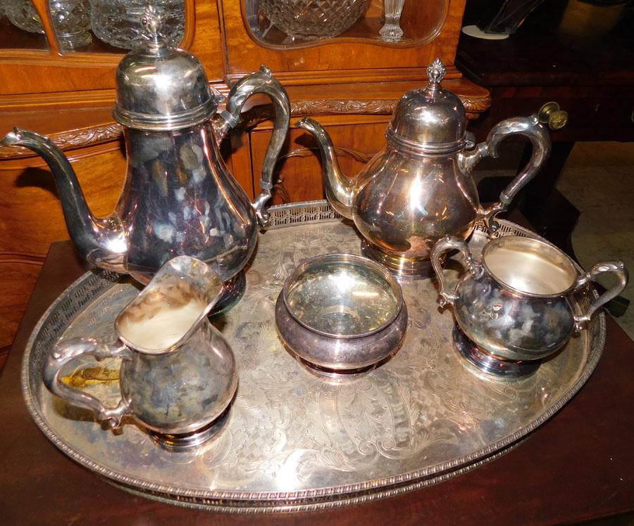 6 Piece Silver Plate Tea Service with Gallery Tray (1 of 2)