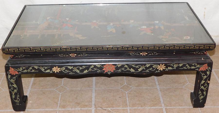 Black Lacquered Paint Decorated Coffee Table w Glass (1 of 3)