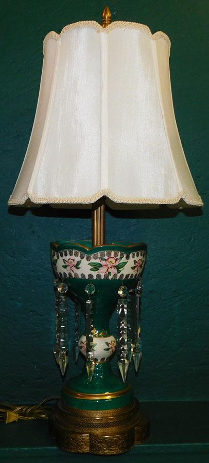 Vict Paint Decorated Luster Lamp w Cut Glass Prisms (1 of 4)