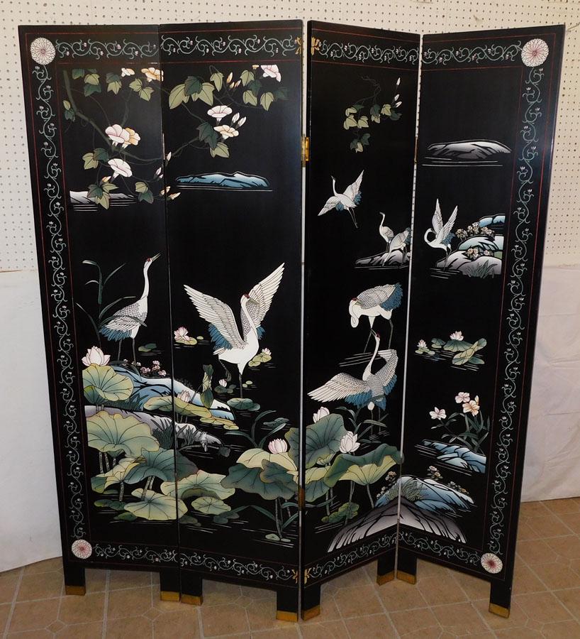 Black Lacquered 4 Panel Room Divider with Crane Motif (1 of 10)