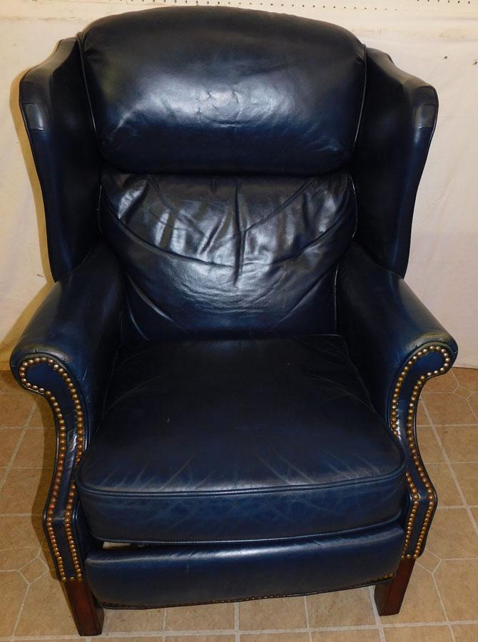 Blue Leather Wing Chair Recliner by Barcalounger: Blue Leather Wing Chair Recliner by Barcalounger . 42" H