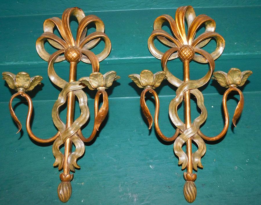 Pair of Painted Carved Wood & Metal Wall Sconces (1 of 4)