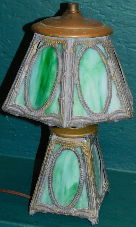 Antique Leaded 10 Panel Slag Glass Lamp w/ Lighted Base (1 of 5)