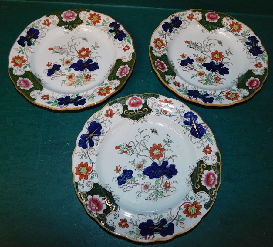 3 English Ironstone Dessert Plates, (1 Has Small Chip): 3 English Ironstone Dessert Plates, (1 Has Small Chip). 7 3/4" Dia.