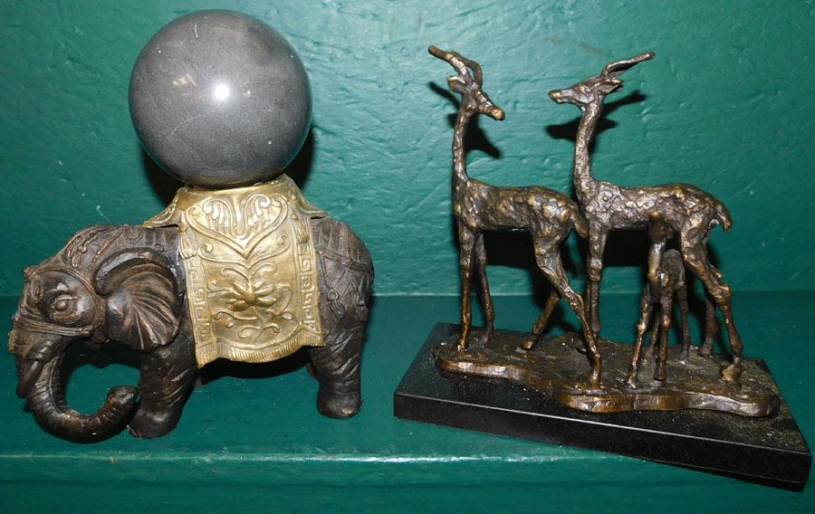 Bronze Elephant with Marble Ball & Bronze Antelope (1 of 2)
