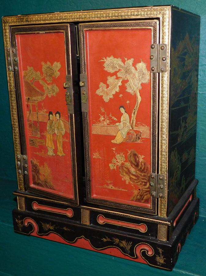 Paint Decorated & Lacquered Table Top Cabinet: Paint Decorated & Lacquered Table Top Cabinet. 14 1/4" W 8 3/4" D 19" H