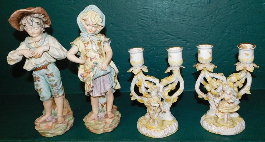 Pair Porc Figural Candelabras & Pr Porc Bisque Figures (1 of 7)