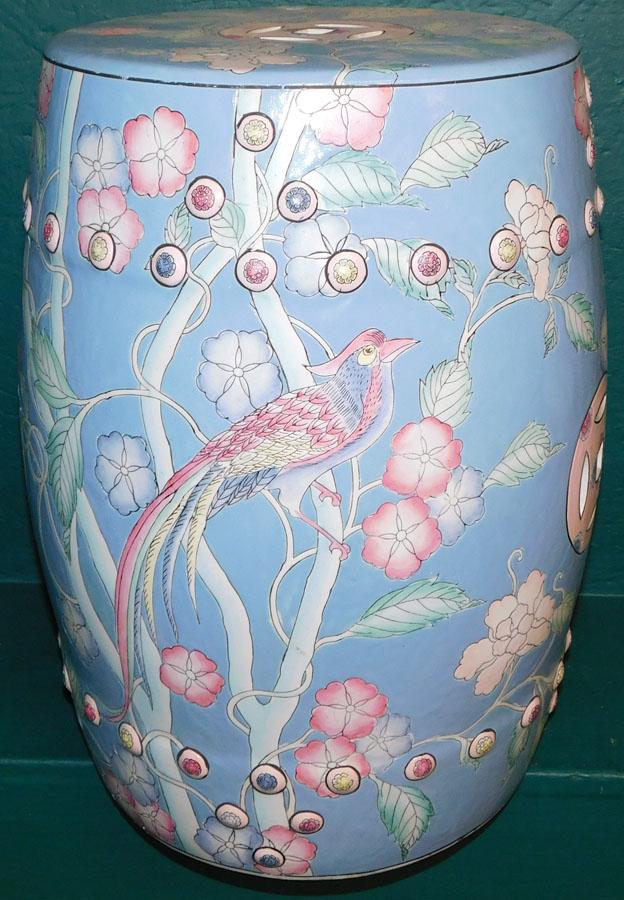 Oriental Porcelain Garden Seat with Bird Motif: Oriental Porcelain Garden Seat with Bird Motif. 19" H