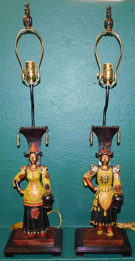 Pair of Painted Bronze Oriental Figural Lamps (1 of 7)