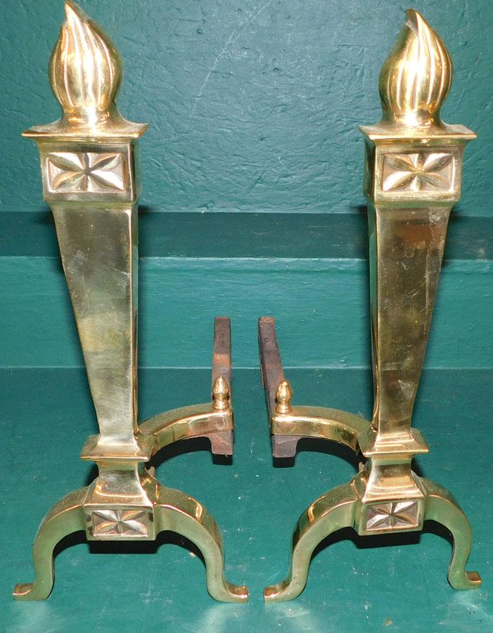 Pair of Polished Brass Andirons: Pair of Polished Brass Andirons . 16 1/2" H