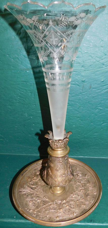 Etched Glass & Silverplate Single Epergne: Etched Glass & Silverplate Single Epergne. 17" H