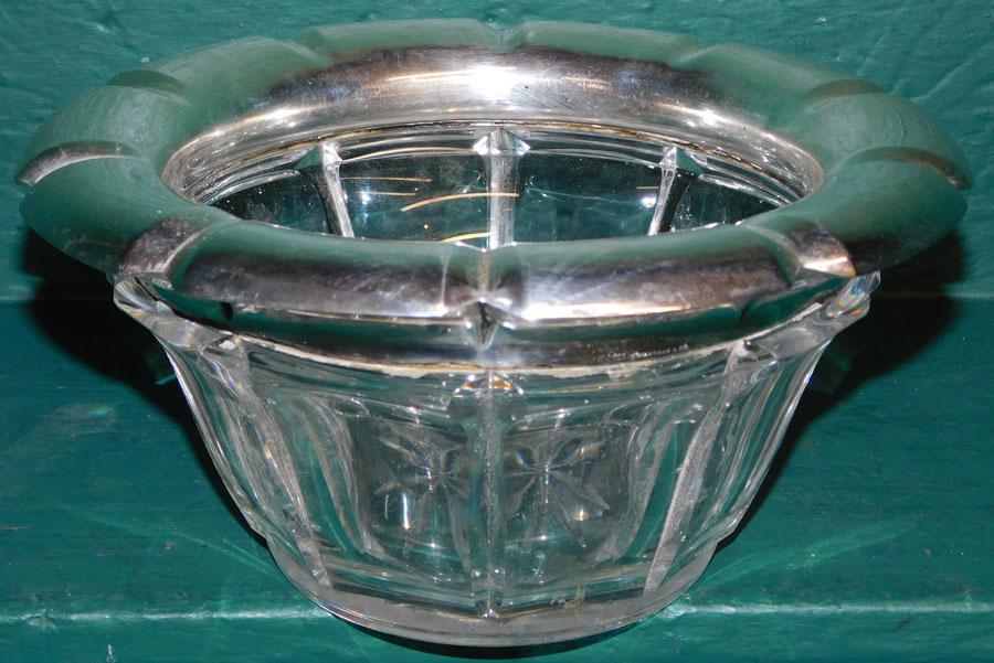 19th C Flint Glass Center Bowl with Heavy Sterling Rim: 19th C Flint Glass Center Bowl with Heavy Sterling Rim by Magraff & Company. 10 1/4" Dia. 5" H