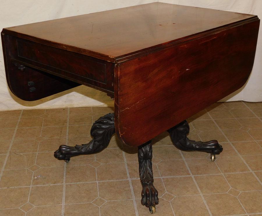 19th C Mahogany Carved Pedestal Drop-Leaf Table (1 of 6)