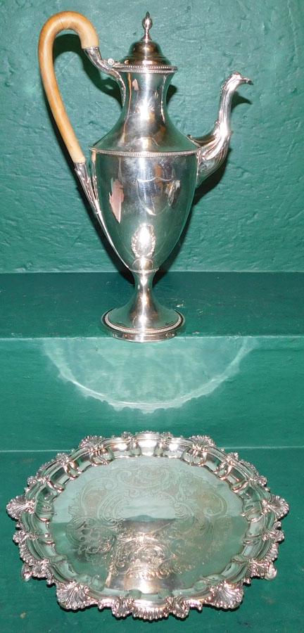 English Sheffield Tea Pot & Gorham Salver: English Sheffield Tea Pot & Gorham Salver. Up to 13" H