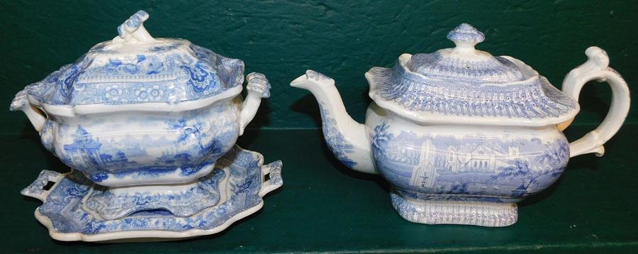 English B & W Transfer Teapot, Sauce Tureen, & (1 of 6)