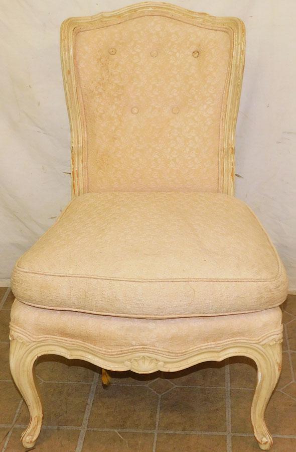 Pntd French Provincial Uph Slipper Chair w Down Cushion: Distress Painted French Provincial Upholstered Slipper Chair with Down Cushion. 31 1/2" H