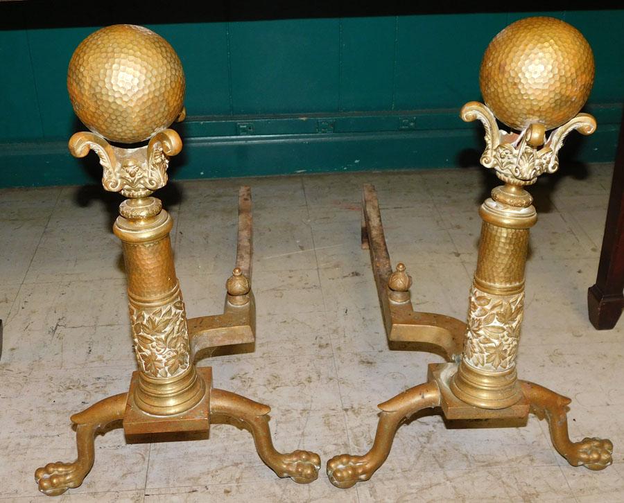 Pair of Canonball Brass Andirons with Claw Feet: Pair of Canonball Brass Andirons with Claw Feet. 19 1/4" H