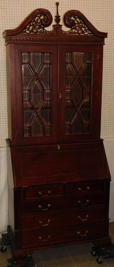 Ornate Chippendale Carved Mahog Slant Front Secretary: Ornate Chippendale Carved Mahogany Slant Front Secretary with Bevel Glass Panes. 39" W 20 1/2" D 95 1/4" H
