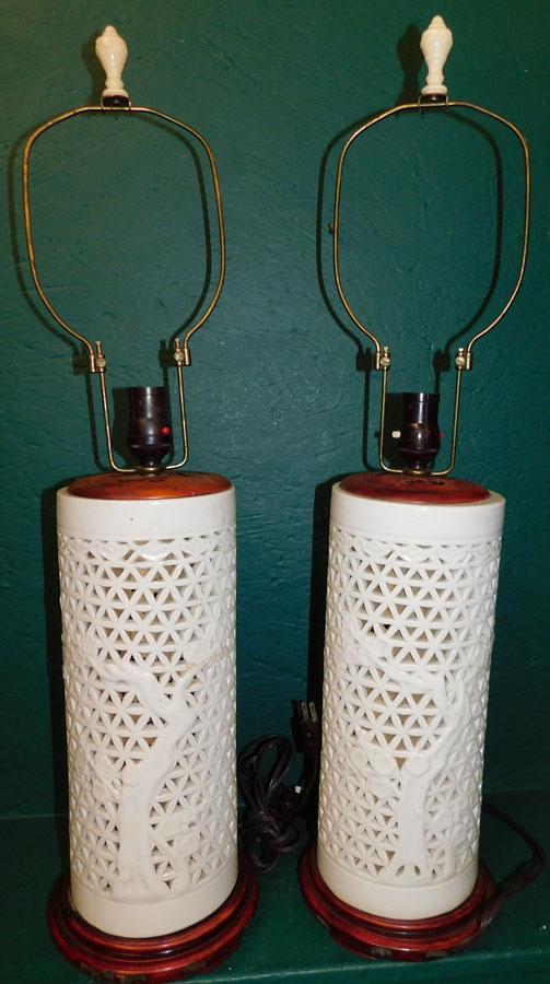 Pair of Oriental Open Work Porc Vases Made Into Lamps (1 of 3)