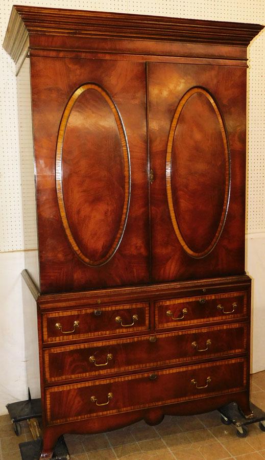 Contemporary Mahogany & Banded Satinwood Linen Press: Contemporary Mahogany & Banded Satinwood Linen Press. 52" W 28 1/2" D 87 1/2" H