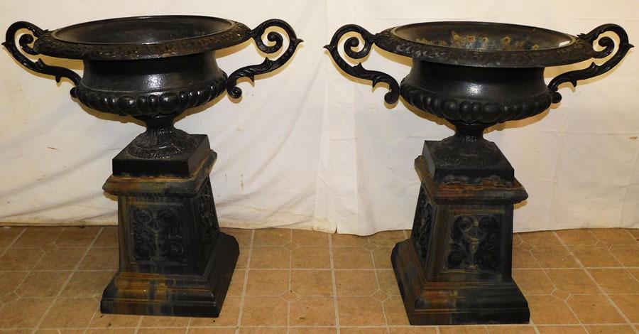 Pair of Cast Iron 2 Handle Urns on Stands (1 of 4)