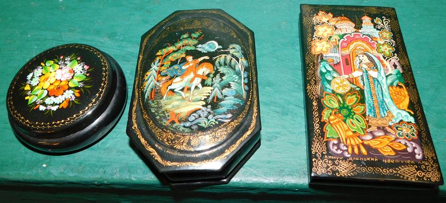3 Hand Painted Black Lacquered Russian Boxes (1 of 5)