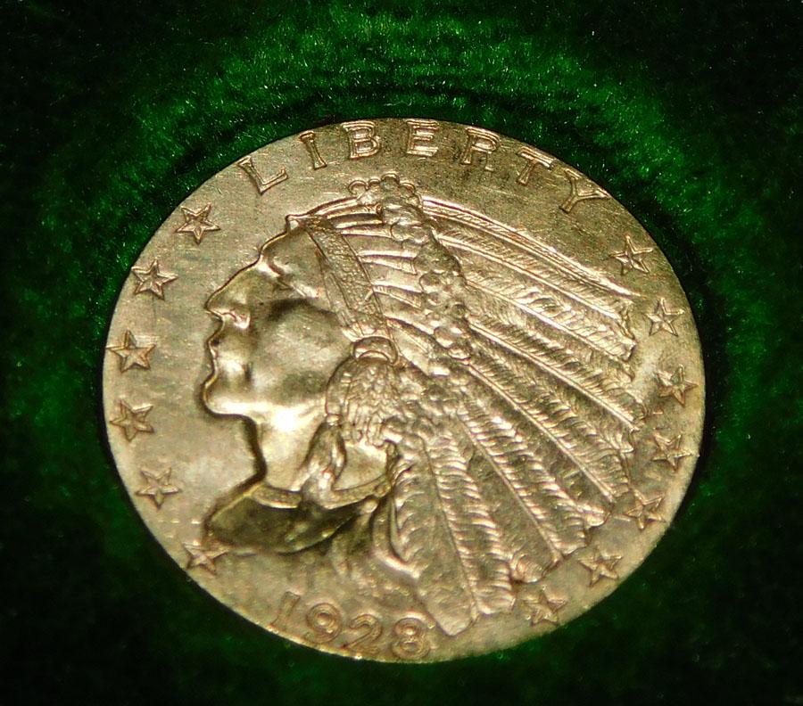 1928 $2 1/2 Dollar Indian Head Gold Coin, (Tested 21KT) (1 of 3)