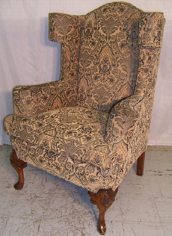 279 Woven tapestry fabric Queen Anne wingback chair.