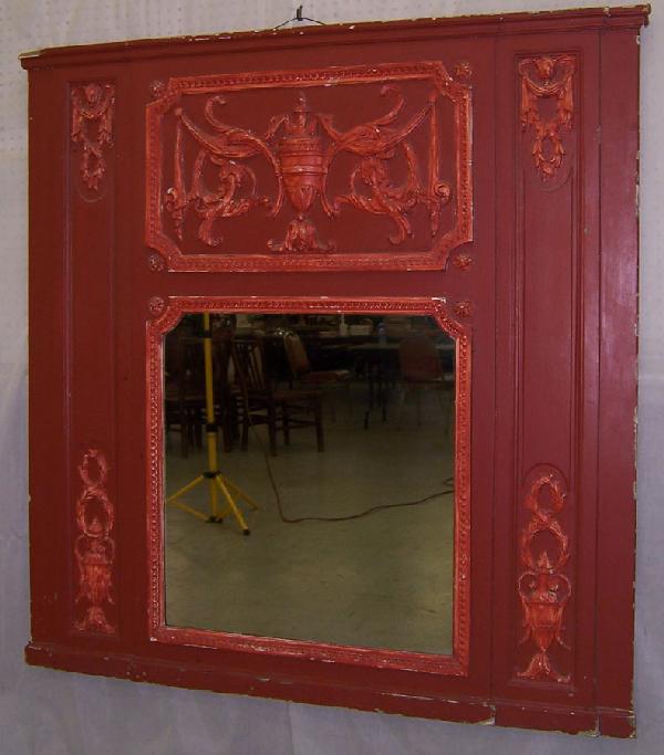 French trumeau painted Adam's style mirror: French trumeau painted terracotta color Adam's style mirror, Circa 1800 (53" wide, x 57")
