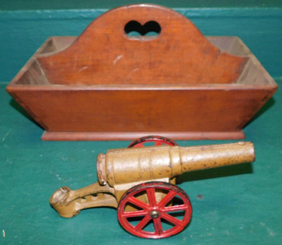 Ant Cherry Dovetailed Cutlery Tray & Cast Iron Canon (1 of 3)