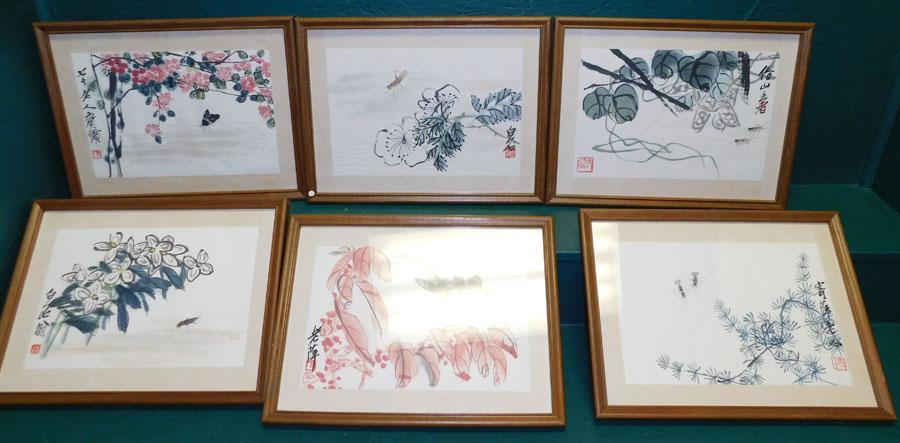 6 Oriental Watercolors, Signed w/ Character Marks (1 of 9)