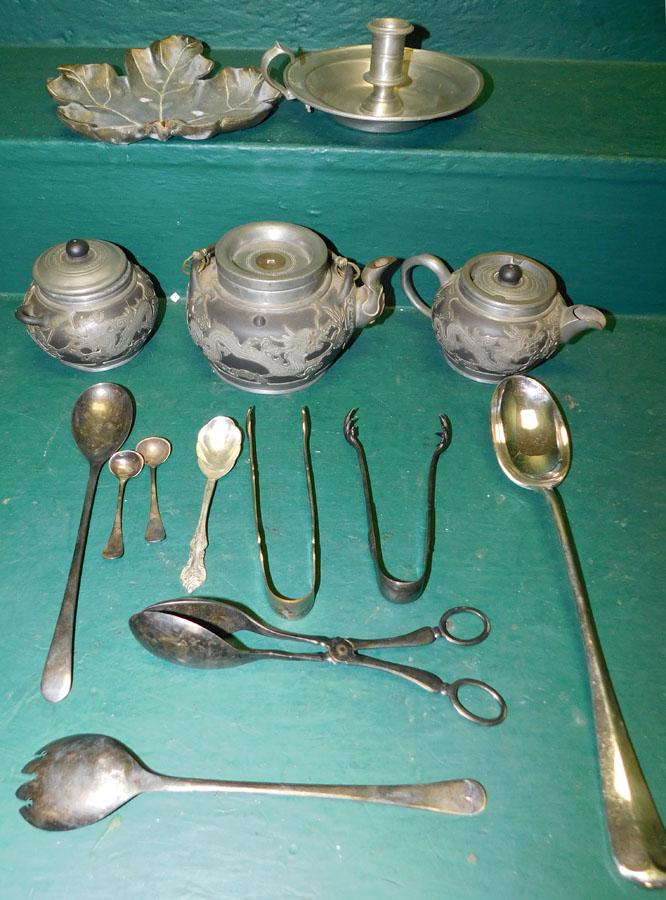 3 Pc Ant Pewter Overlaid Pottery Tea Set & Other Metal (1 of 4)
