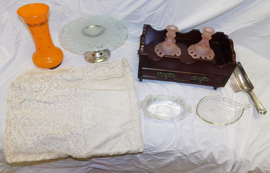 Glass Cake Stand, SP Butler, Glass Vase, & Wine Bottle: Glass Cake Stand, Silverplate Butler, Glass Vase, & Table Top Wine Bottle .