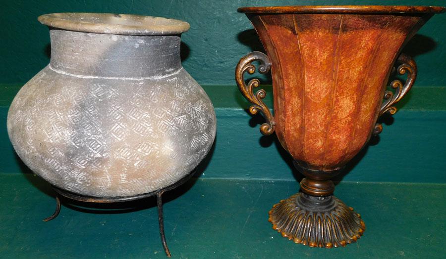 Painted Metal Urn, & Pottery Pot on Metal Stand (1 of 3)