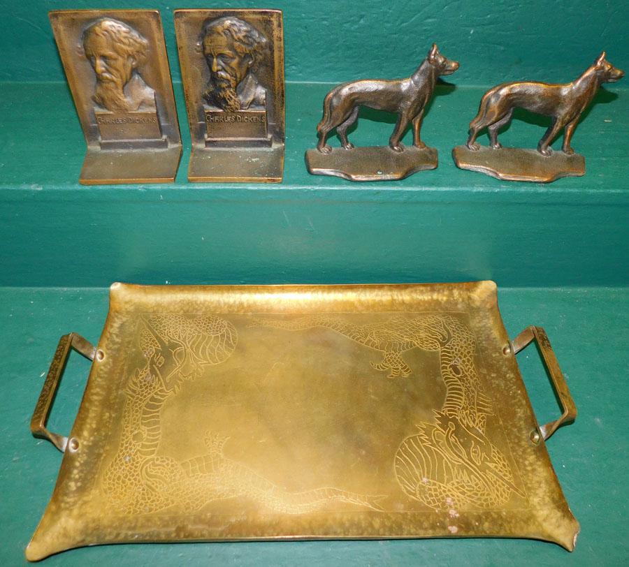 Pr Dog Bookends, Dickens Bookends, & Brass Tray (1 of 4)